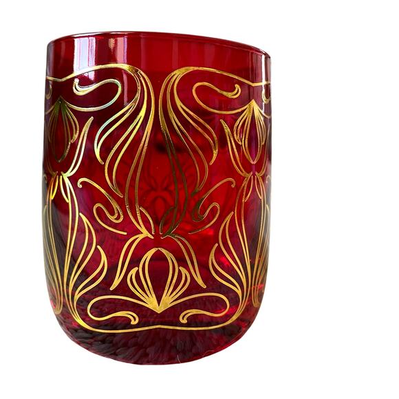 Neiman Marcus Holiday Red Gold Double Old Fashion Glass Tumbler Gift Set of 4 - Picture 12 of 15